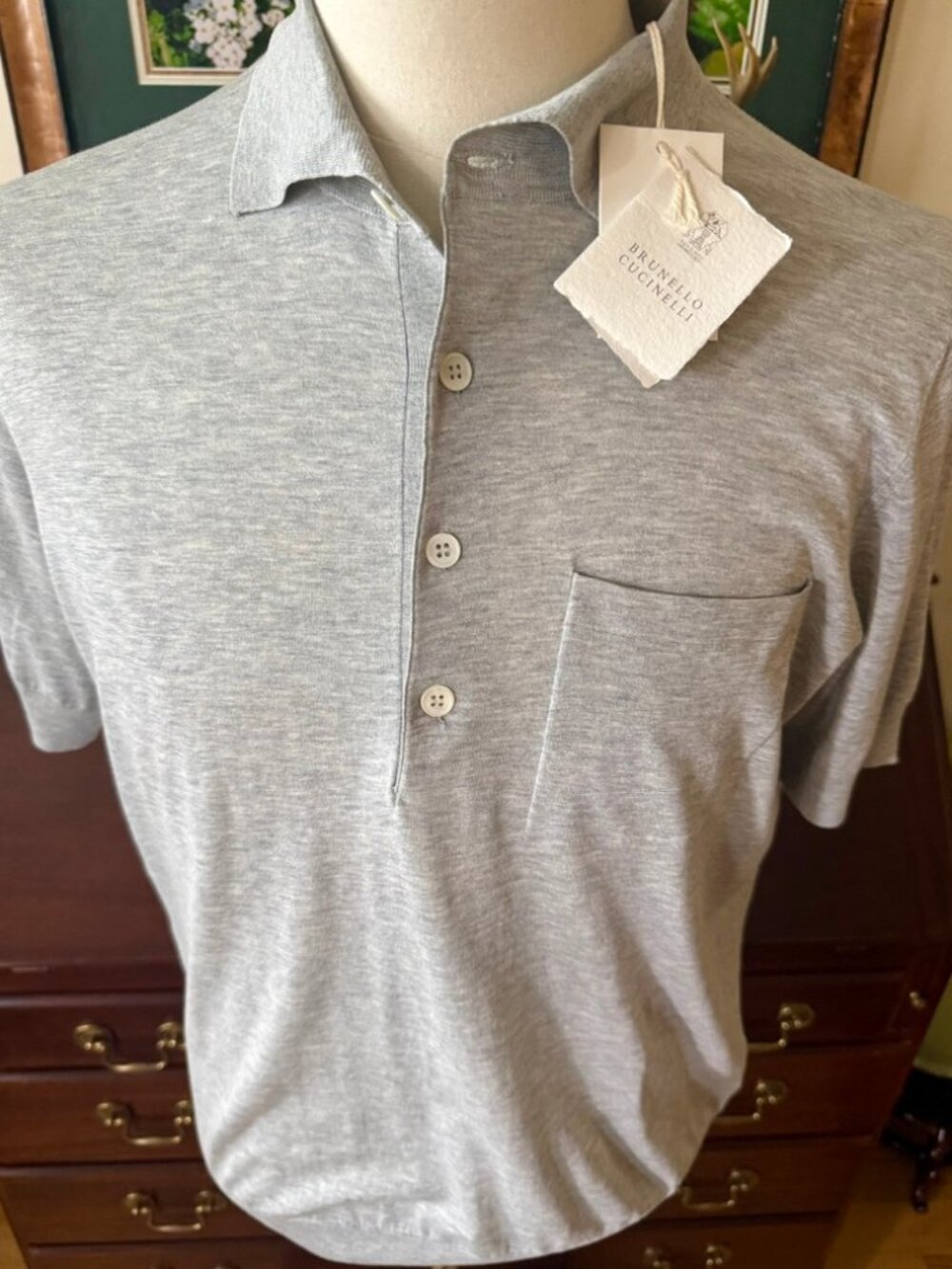 NEW Brunello Cucinelli Silk Blend SS Polo Shirt, Bag, Light Gray IT 48 $1345 RT
